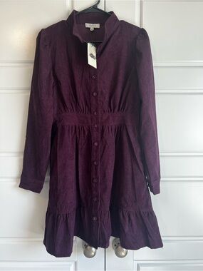 Avara NWT Elizabeth Corduroy Button-Front Long Sleeve Dress Eggplant Sz S